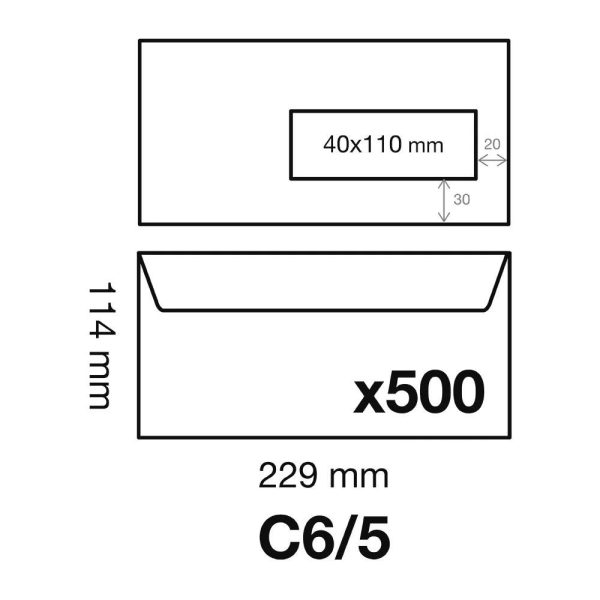 Boite de 500 Enveloppes Blanches C6/5-114x229mm &ndash; Auto-Adh&eacute;sives &ndash; 80g/m2 &ndash; Fen&ecirc;tre Papier Cristal 40&times;110 (position 30/20)