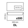 Boite de 500 Enveloppes Blanches DL-110x220mm - Auto-Adh&eacute;sives - 90g/m2 - Fen&ecirc;tre Papier Cristal 45x100 (position 20/20)