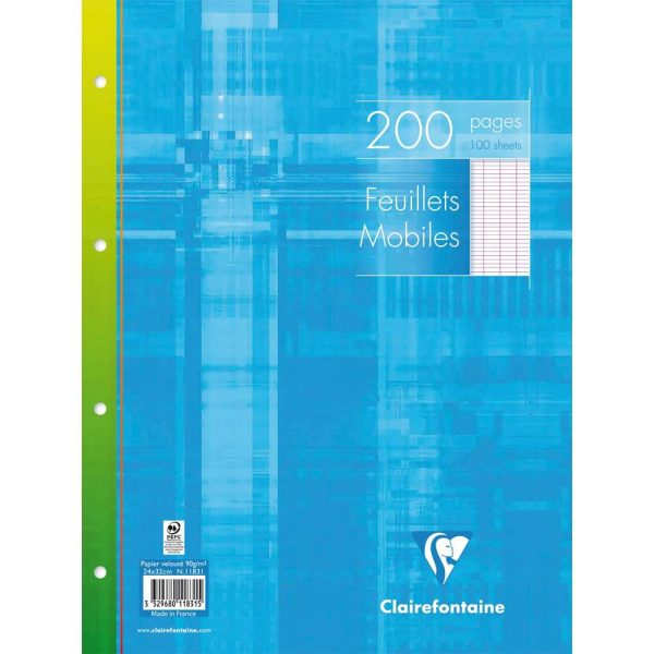 Feuillets mobiles sous film 24&times;32 cm 200 pages perfor&eacute;es 4 trous grands carreaux