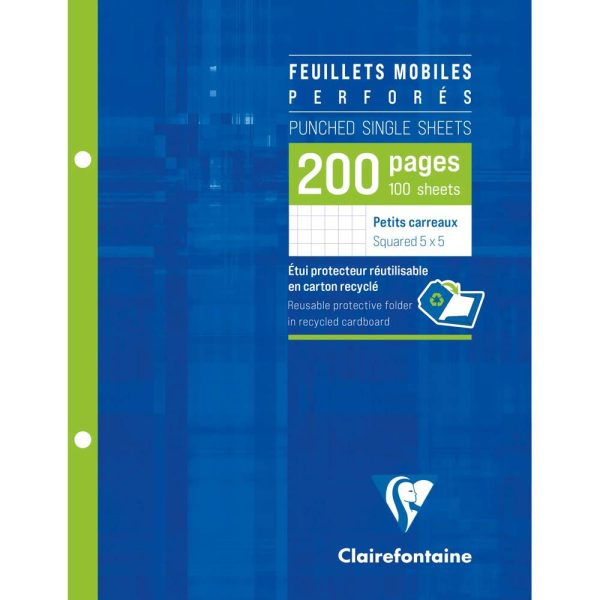 Feuillets mobiles sous &eacute;tui 17&times;22 cm 200 pages perfor&eacute;es 2 trous petits carreaux