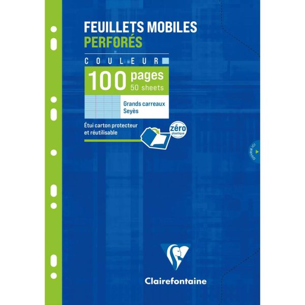 Feuillets mobiles de couleur sous &eacute;tui A4 100 pages perfor&eacute;es grands carreaux