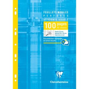 Feuillets mobiles sous &eacute;tui sp&eacute;cial d&eacute;ficients visuels A4 100 pages perfor&eacute;es grands carreaux noirs 2,5mm agrandis 10x10