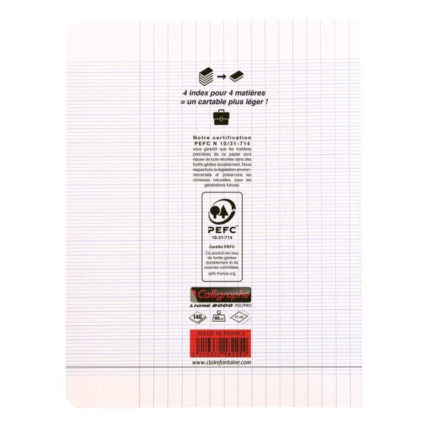 Cahier 4 index piqu&eacute; 8000 POLYPRO17x22 cm 140 pages grands carreaux 90 g