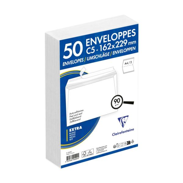 Paquet de 50 Enveloppes Blanches C5-162x229mm &ndash; Auto-Adh&eacute;sives &ndash; 90g/m2
