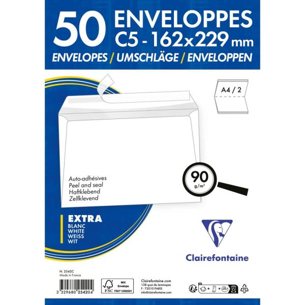 Paquet de 50 Enveloppes Blanches C5-162x229mm &ndash; Auto-Adh&eacute;sives &ndash; 90g/m2