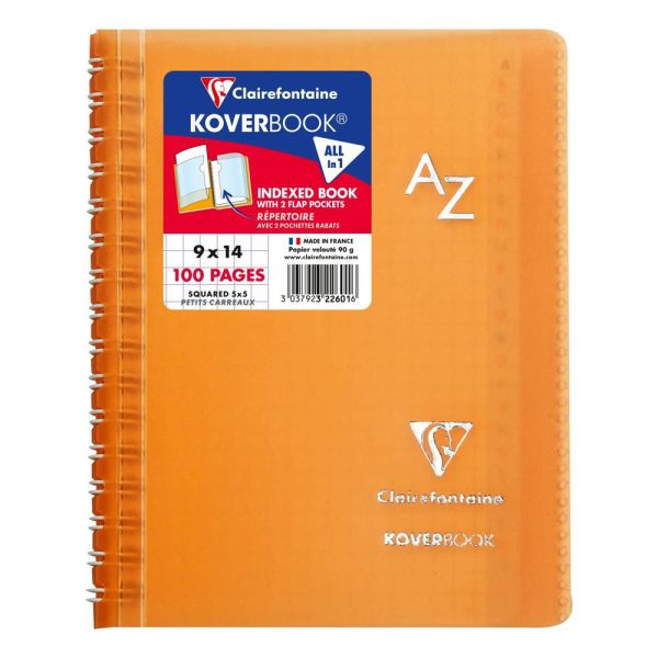 R&eacute;pertoire reliure int&eacute;grale enveloppante Koverbook 9x14cm 100 pages petits carreaux couverture polypropyl&egrave;ne transparent