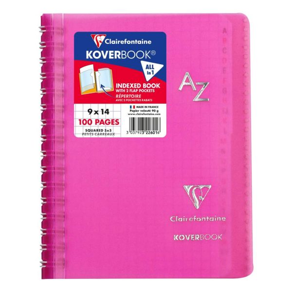 R&eacute;pertoire reliure int&eacute;grale enveloppante Koverbook 9x14cm 100 pages petits carreaux couverture polypropyl&egrave;ne transparent