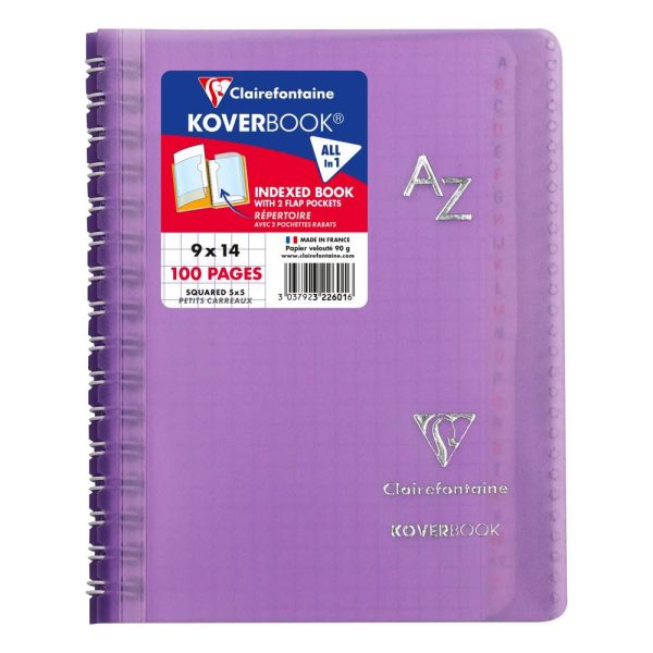 R&eacute;pertoire reliure int&eacute;grale enveloppante Koverbook 9x14cm 100 pages petits carreaux couverture polypropyl&egrave;ne transparent