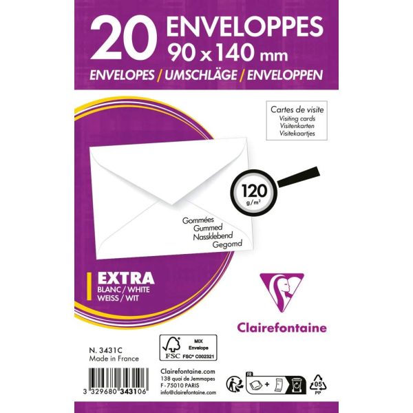 Paquet de 20 Enveloppes de Visite Blanches 90x140mm &ndash; Gomm&eacute;e &ndash; 120g/m2