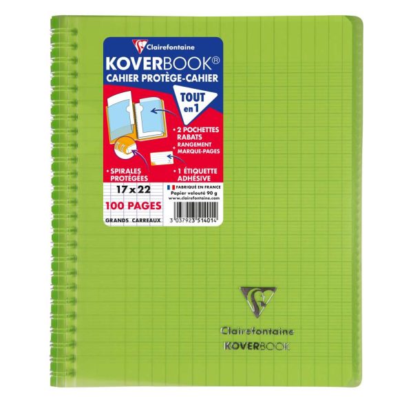 Cahier reliure int&eacute;grale enveloppante Koverbook 17x22cm 100 pages grands carreaux couverture polypropyl&egrave;ne transparent