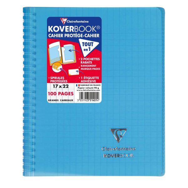 Cahier reliure int&eacute;grale enveloppante Koverbook 17x22cm 100 pages grands carreaux couverture polypropyl&egrave;ne transparent