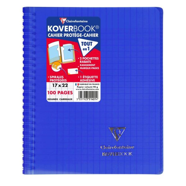 Cahier reliure int&eacute;grale enveloppante Koverbook 17x22cm 100 pages grands carreaux couverture polypropyl&egrave;ne transparent