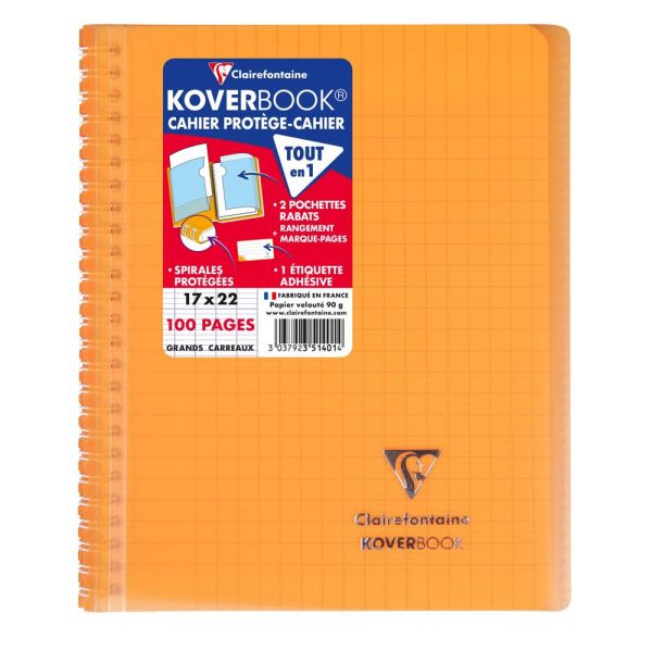 Cahier reliure int&eacute;grale enveloppante Koverbook 17x22cm 100 pages grands carreaux couverture polypropyl&egrave;ne transparent