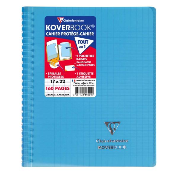 Cahier reliure int&eacute;grale enveloppante Koverbook 17x22cm 160 pages grands carreaux couverture polypropyl&egrave;ne transparent