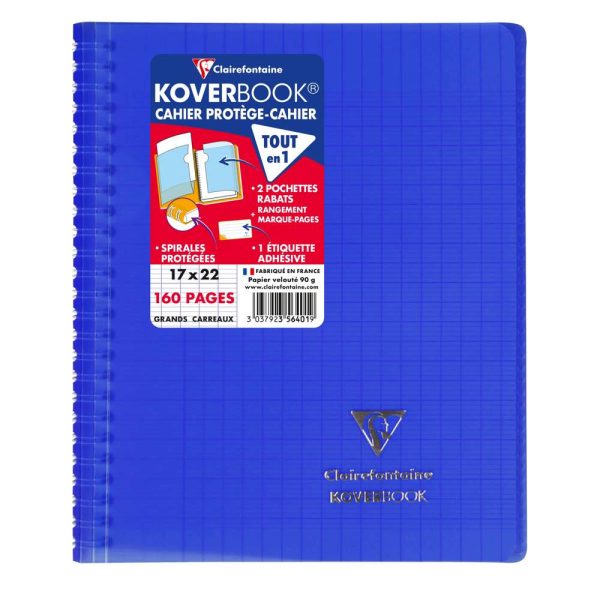 Cahier reliure int&eacute;grale enveloppante Koverbook 17x22cm 160 pages grands carreaux couverture polypropyl&egrave;ne transparent