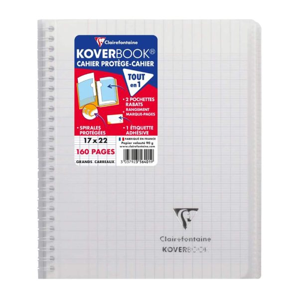 Cahier reliure int&eacute;grale enveloppante Koverbook 17x22cm 160 pages grands carreaux couverture polypropyl&egrave;ne transparent