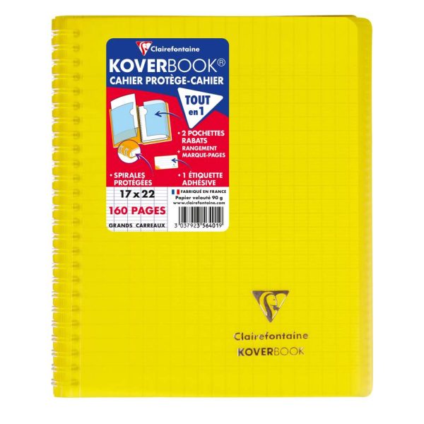 Cahier reliure int&eacute;grale enveloppante Koverbook 17x22cm 160 pages grands carreaux couverture polypropyl&egrave;ne transparent