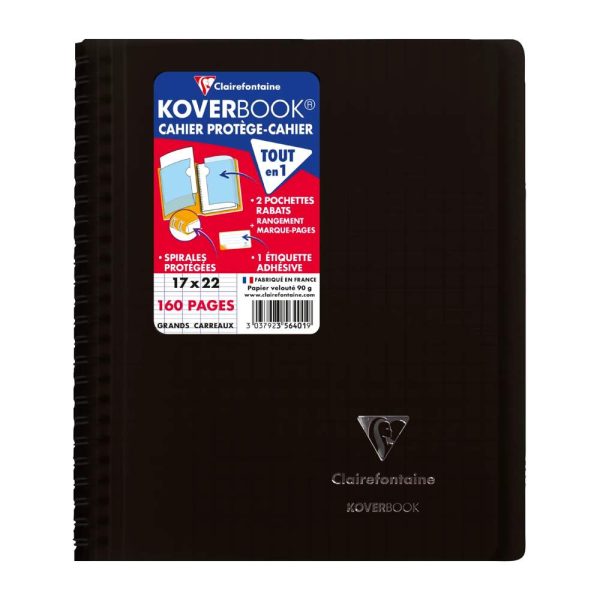 Cahier reliure int&eacute;grale enveloppante Koverbook 17x22cm 160 pages grands carreaux couverture polypropyl&egrave;ne transparent