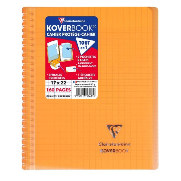 Cahier reliure int&eacute;grale enveloppante Koverbook 17x22cm 160 pages grands carreaux couverture polypropyl&egrave;ne transparent