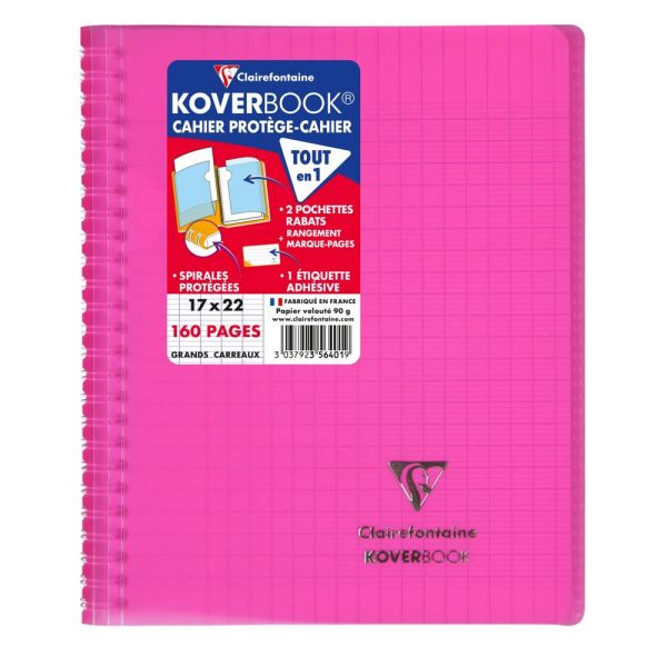 Cahier reliure int&eacute;grale enveloppante Koverbook 17x22cm 160 pages grands carreaux couverture polypropyl&egrave;ne transparent
