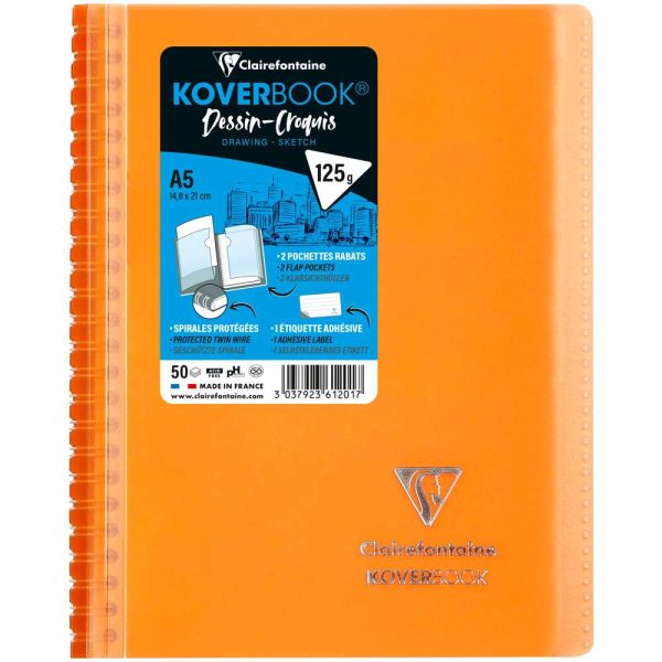 Carnet dessin/croquis Koverbook reliure int&eacute;grale enveloppante A5 100 pages papier blanc 125 g couverture polypropyl&egrave;ne transparent