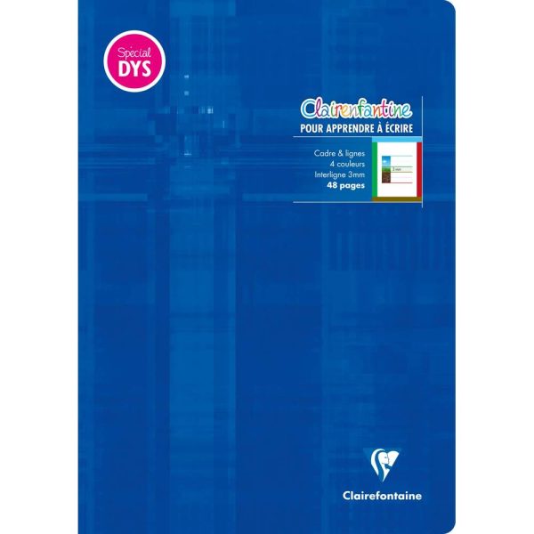 Cahier d&rsquo;&eacute;criture piqu&eacute; sp&eacute;cial Dys A4 48 pages cadre et lignes 4 couleurs Interligne 3 mm