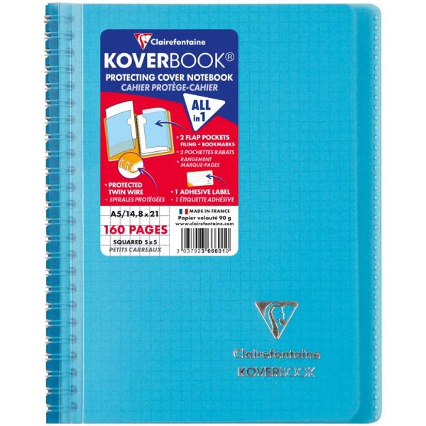 Carnet reliure int&eacute;grale enveloppante Koverbook A5 160 pages petits carreaux couverture polypropyl&egrave;ne transparent