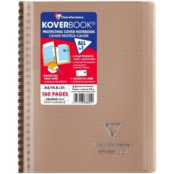 Carnet reliure int&eacute;grale enveloppante Koverbook A5 160 pages petits carreaux couverture polypropyl&egrave;ne transparent