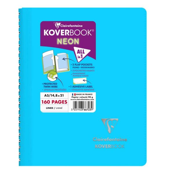 Carnet reliure int&eacute;grale enveloppante Koverbook Neon A5 160 pages lign&eacute; couverture polypropyl&egrave;ne opaque