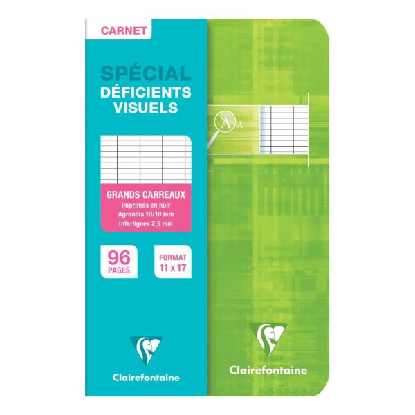 Carnet piqu&eacute; d&eacute;ficients visuels 11x17cm 96 pages grands carreaux noirs 2,5mm agrandis 10&times;10 Couleur al&eacute;atoire