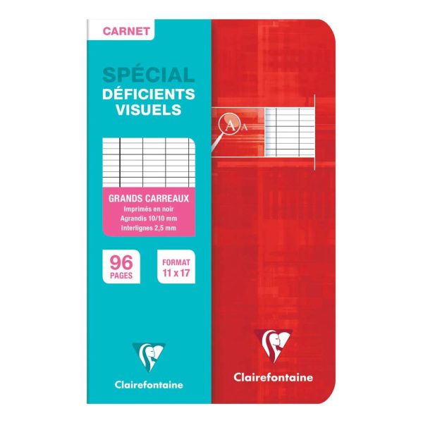 Carnet piqu&eacute; d&eacute;ficients visuels 11x17cm 96 pages grands carreaux noirs 2,5mm agrandis 10&times;10 Couleur al&eacute;atoire