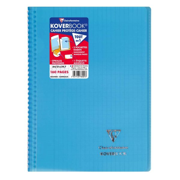 Cahier reliure int&eacute;grale enveloppante Koverbook A4 160 pages grands carreaux couverture polypropyl&egrave;ne transparent