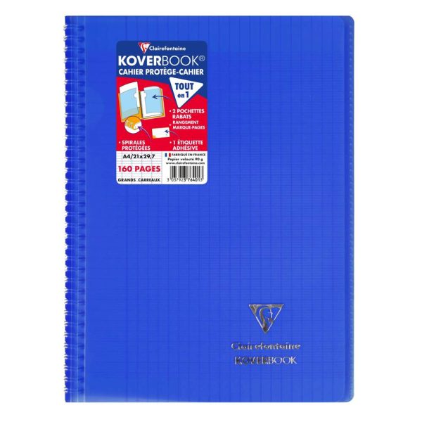 Cahier reliure int&eacute;grale enveloppante Koverbook A4 160 pages grands carreaux couverture polypropyl&egrave;ne transparent