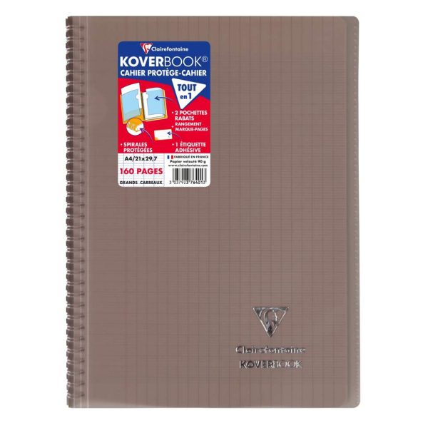 Cahier reliure int&eacute;grale enveloppante Koverbook A4 160 pages grands carreaux couverture polypropyl&egrave;ne transparent
