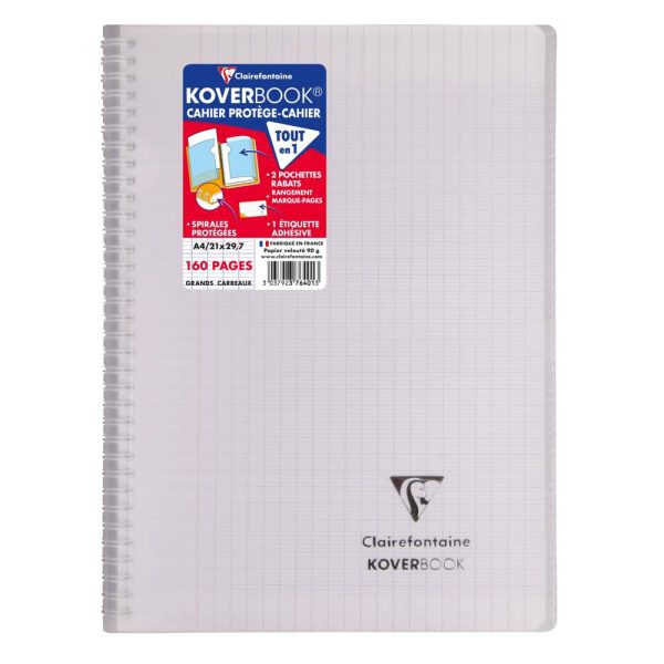 Cahier reliure int&eacute;grale enveloppante Koverbook A4 160 pages grands carreaux couverture polypropyl&egrave;ne transparent