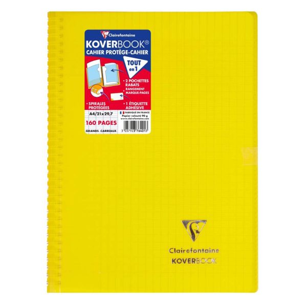 Cahier reliure int&eacute;grale enveloppante Koverbook A4 160 pages grands carreaux couverture polypropyl&egrave;ne transparent