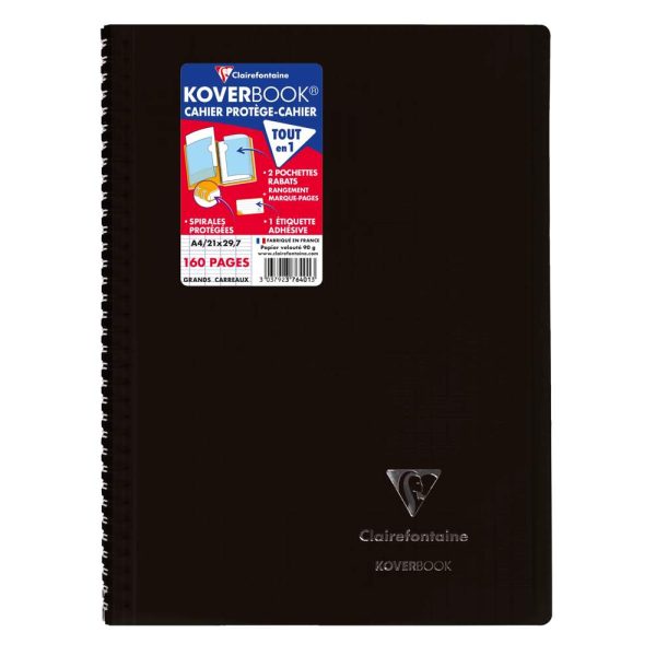 Cahier reliure int&eacute;grale enveloppante Koverbook A4 160 pages grands carreaux couverture polypropyl&egrave;ne transparent
