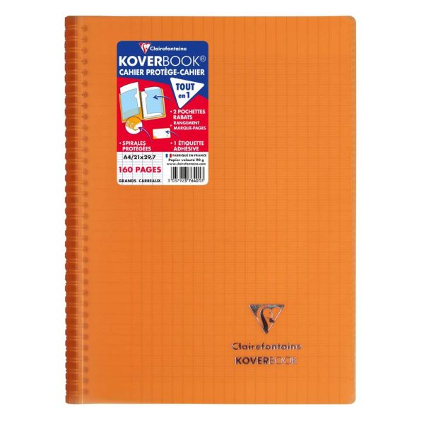 Cahier reliure int&eacute;grale enveloppante Koverbook A4 160 pages grands carreaux couverture polypropyl&egrave;ne transparent