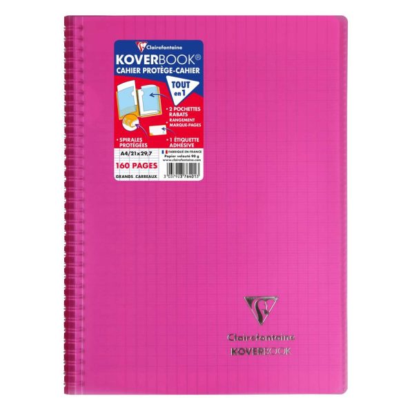 Cahier reliure int&eacute;grale enveloppante Koverbook A4 160 pages grands carreaux couverture polypropyl&egrave;ne transparent