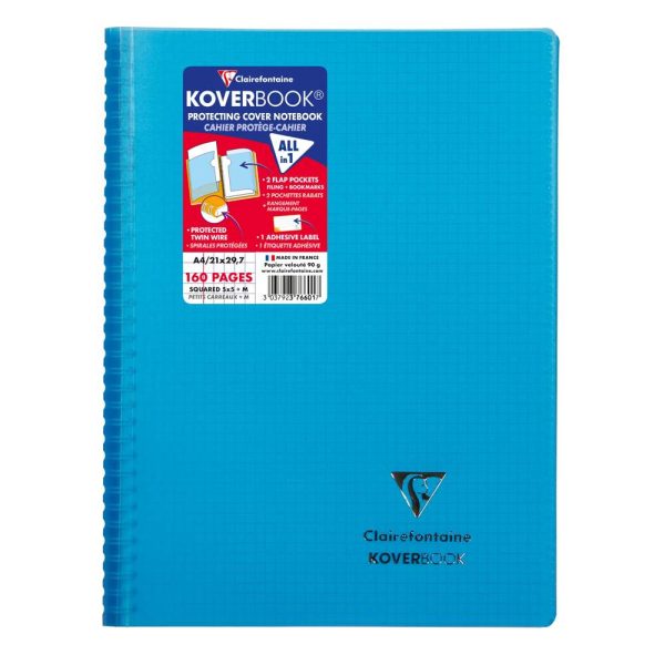 Cahier reliure int&eacute;grale enveloppante Koverbook A4 160 pages petits carreaux couverture polypropyl&egrave;ne transparent