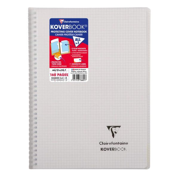 Cahier reliure int&eacute;grale enveloppante Koverbook A4 160 pages petits carreaux couverture polypropyl&egrave;ne transparent