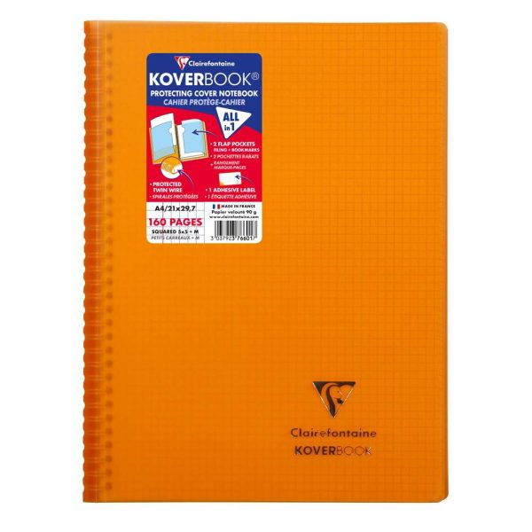 Cahier reliure int&eacute;grale enveloppante Koverbook A4 160 pages petits carreaux couverture polypropyl&egrave;ne transparent
