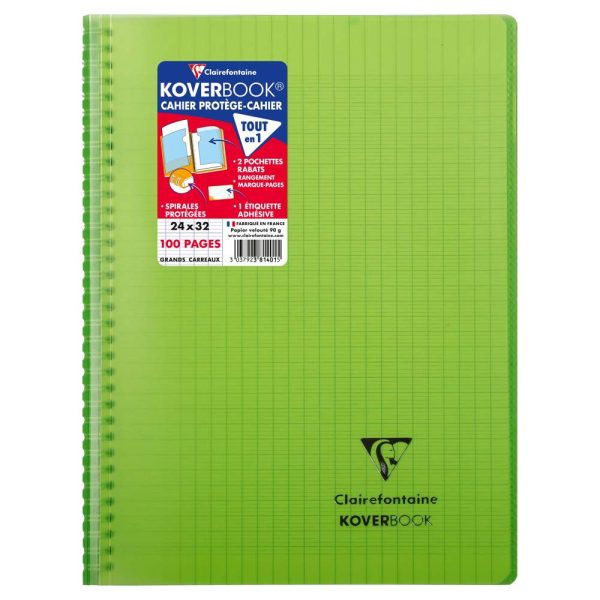 Cahier reliure int&eacute;grale enveloppante Koverbook 24x32cm 100 pages grands carreaux couverture polypropyl&egrave;ne transparent