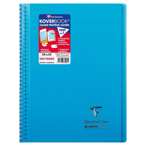 Cahier reliure int&eacute;grale enveloppante Koverbook 24x32cm 100 pages grands carreaux couverture polypropyl&egrave;ne transparent
