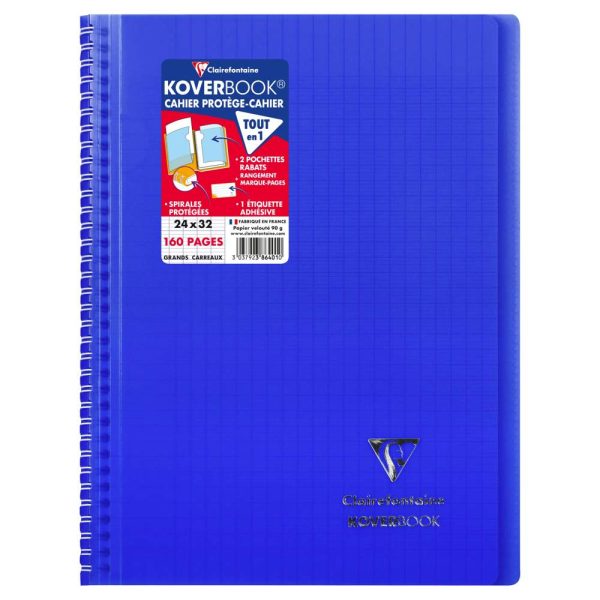 Cahier reliure int&eacute;grale enveloppante Koverbook 24x32cm 160 pages grands carreaux couverture polypropyl&egrave;ne transparent