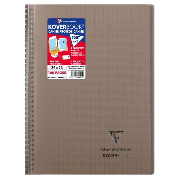 Cahier reliure int&eacute;grale enveloppante Koverbook 24x32cm 160 pages grands carreaux couverture polypropyl&egrave;ne transparent
