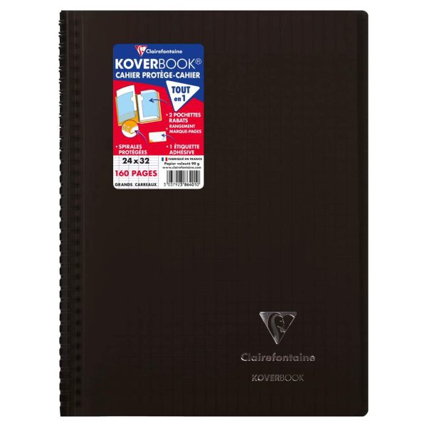 Cahier reliure int&eacute;grale enveloppante Koverbook 24x32cm 160 pages grands carreaux couverture polypropyl&egrave;ne transparent