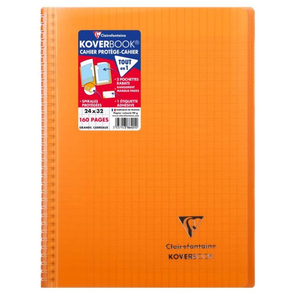 Cahier reliure int&eacute;grale enveloppante Koverbook 24x32cm 160 pages grands carreaux couverture polypropyl&egrave;ne transparent