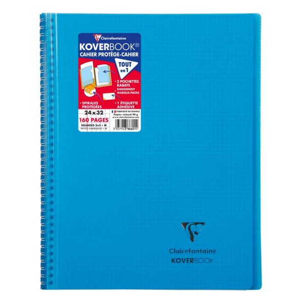 Cahier reliure int&eacute;grale enveloppante Koverbook 24x32cm 160 pages petits carreaux couverture polypropyl&egrave;ne transparent