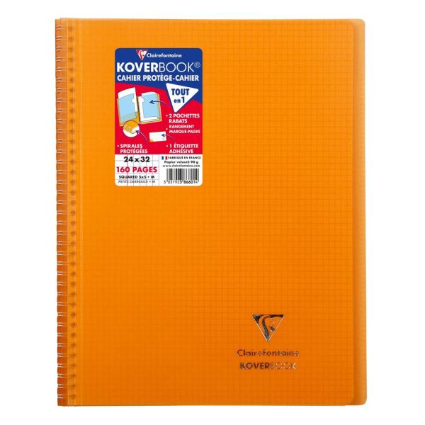 Cahier reliure int&eacute;grale enveloppante Koverbook 24x32cm 160 pages petits carreaux couverture polypropyl&egrave;ne transparent